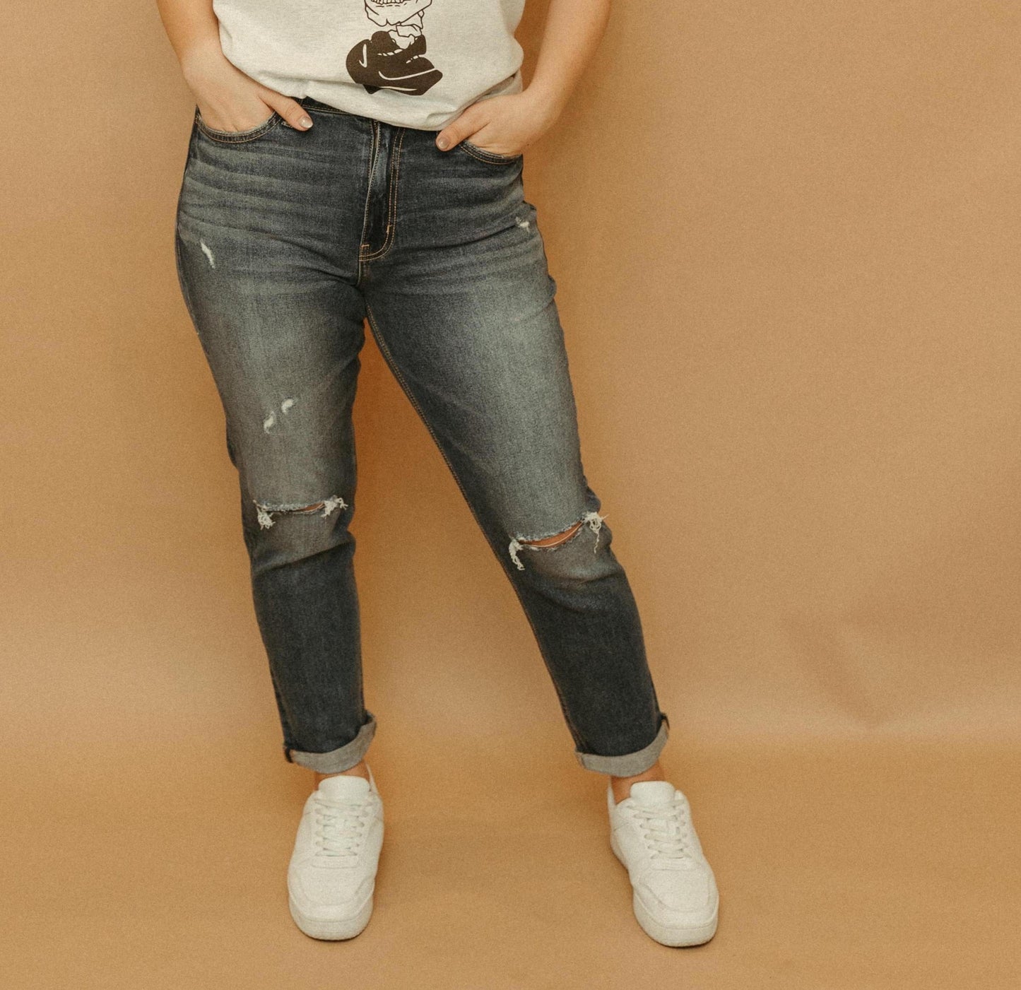 Distressed Double Cuffed Mom Jeans